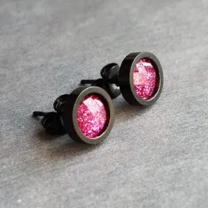 Hot Pink Black Stud Earrings, black fuchsia stud earring, hot pink earrings, matte black earring, fuchsia earrings, bright round sparkle