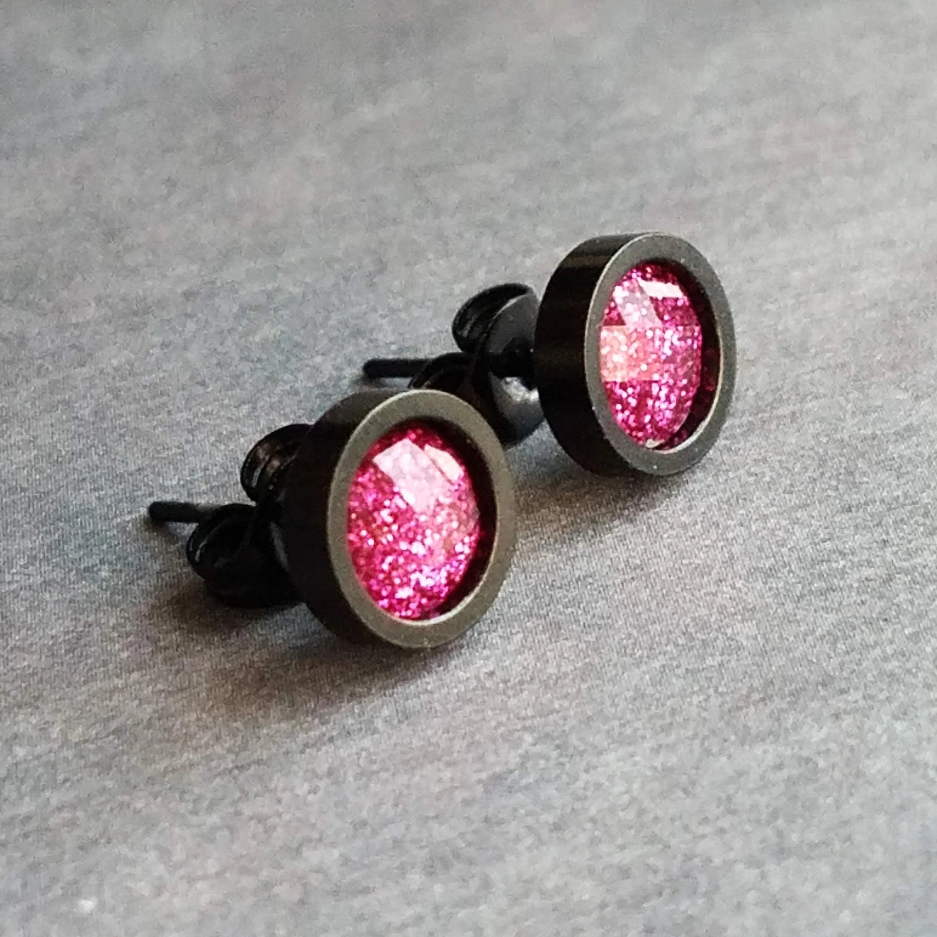 Hot Pink Black Stud Earrings, black fuchsia stud earring, hot pink earrings, matte black earring, fuchsia earrings, bright round sparkle