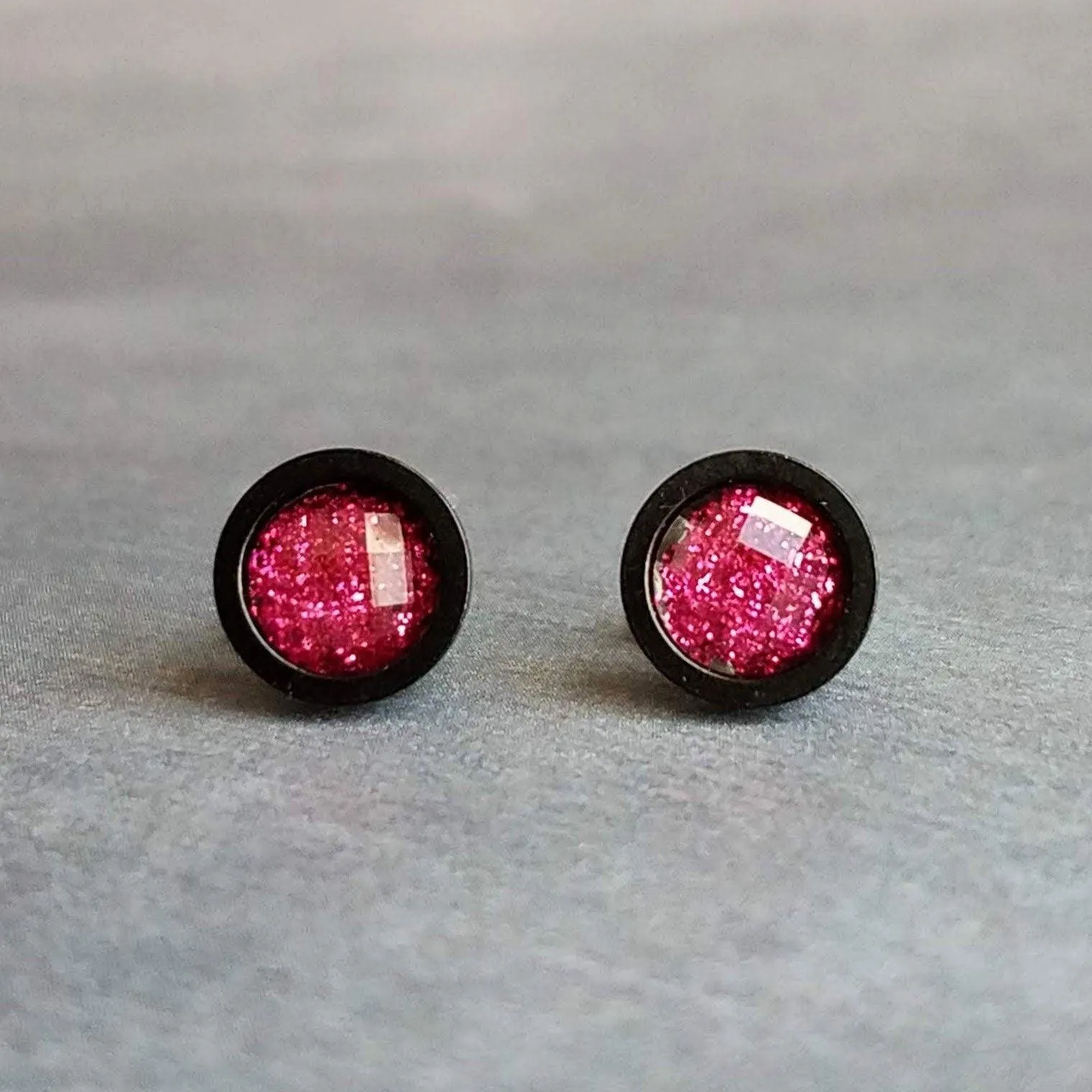 Hot Pink Black Stud Earrings, black fuchsia stud earring, hot pink earrings, matte black earring, fuchsia earrings, bright round sparkle