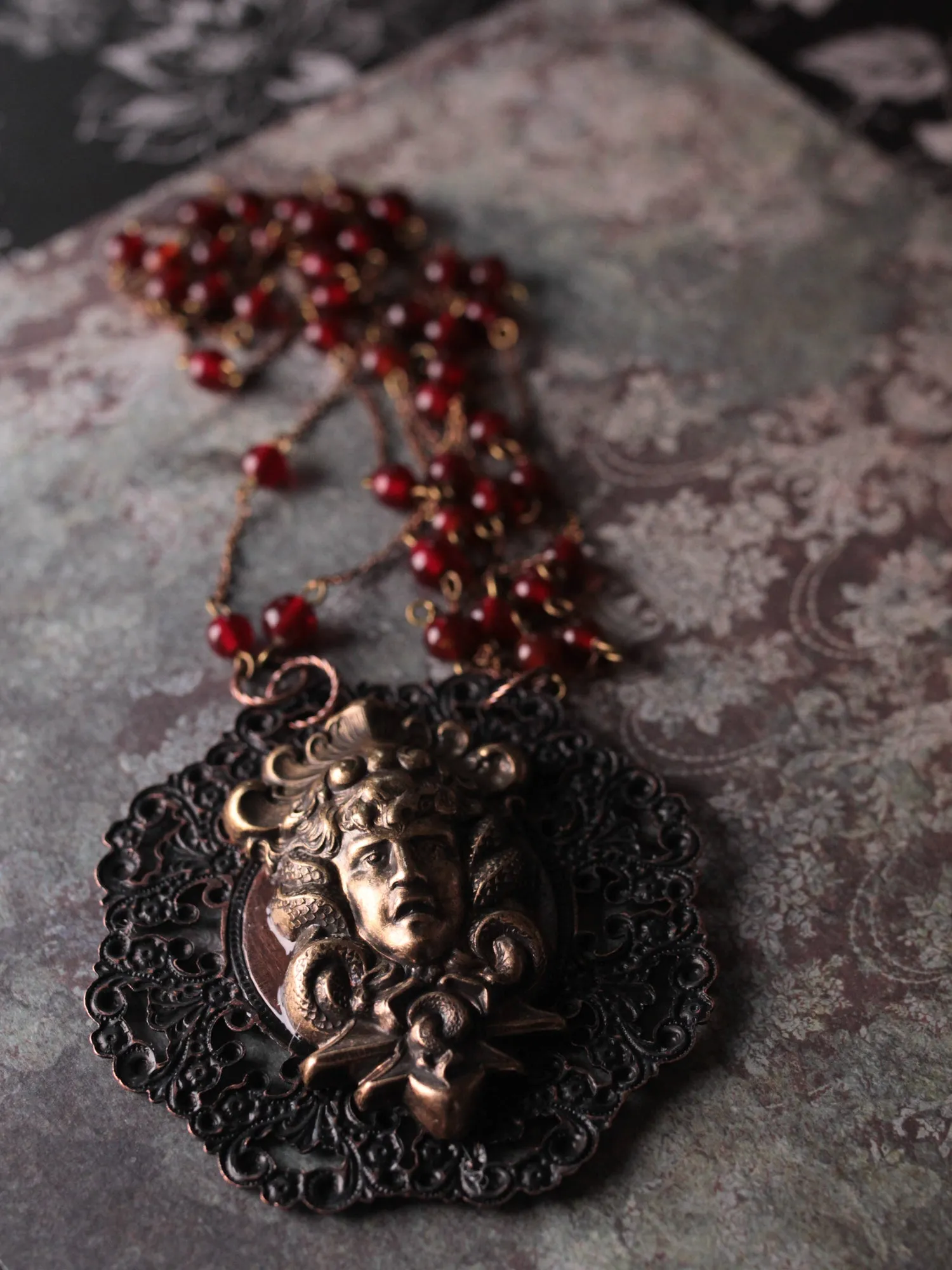 Huge Medusa And Antique Red Glass Statement Amulet Necklace