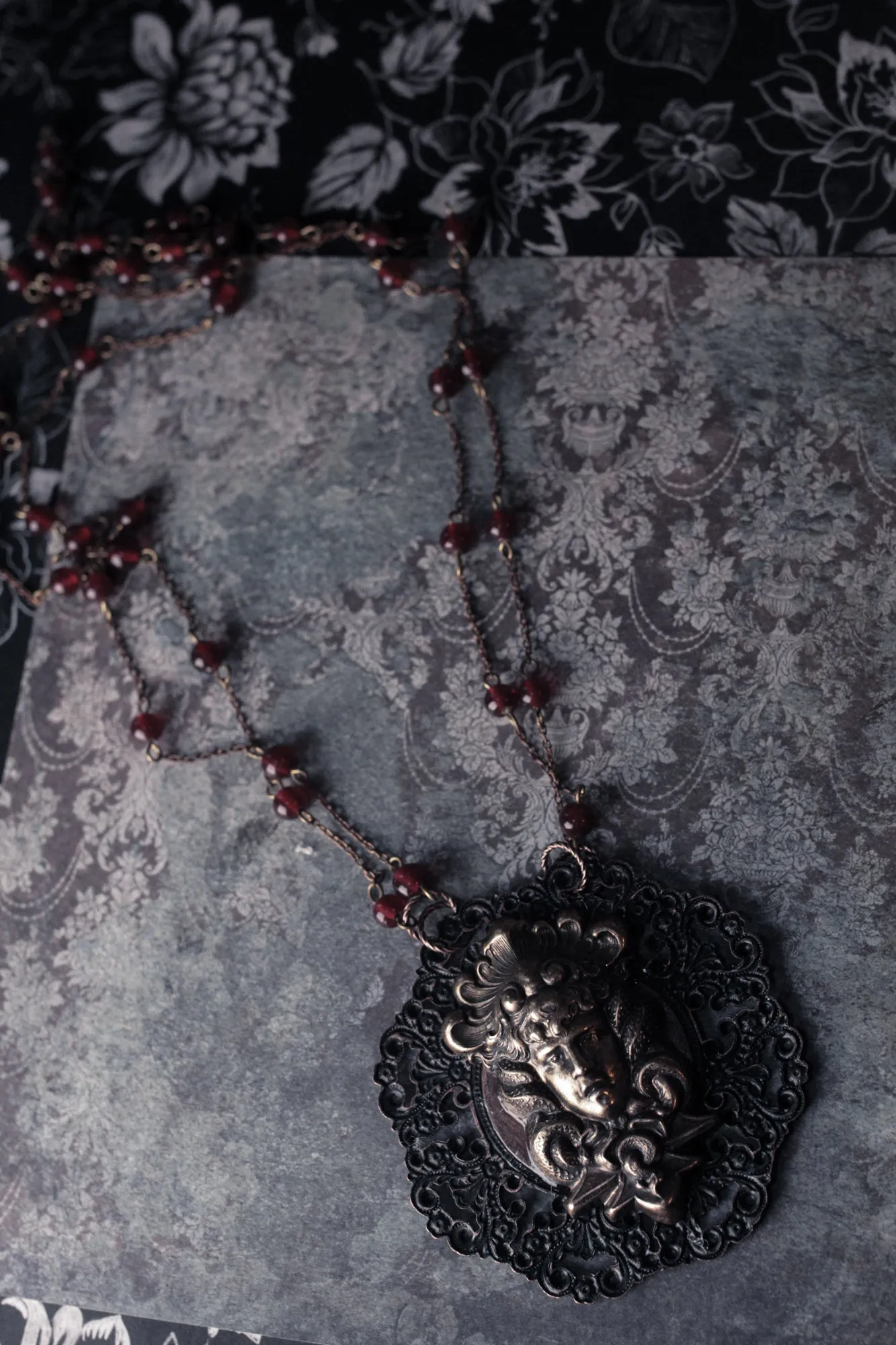 Huge Medusa And Antique Red Glass Statement Amulet Necklace