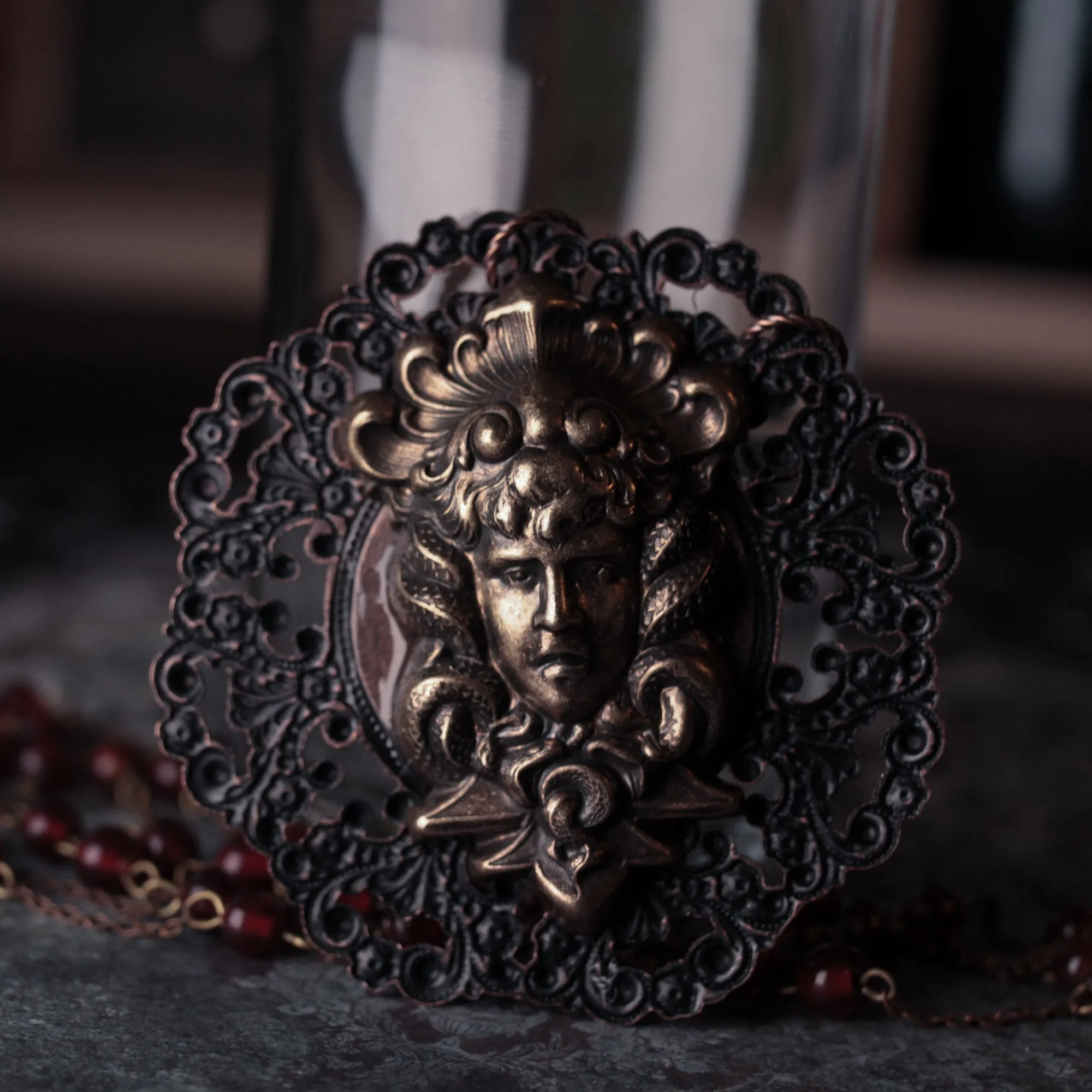 Huge Medusa And Antique Red Glass Statement Amulet Necklace