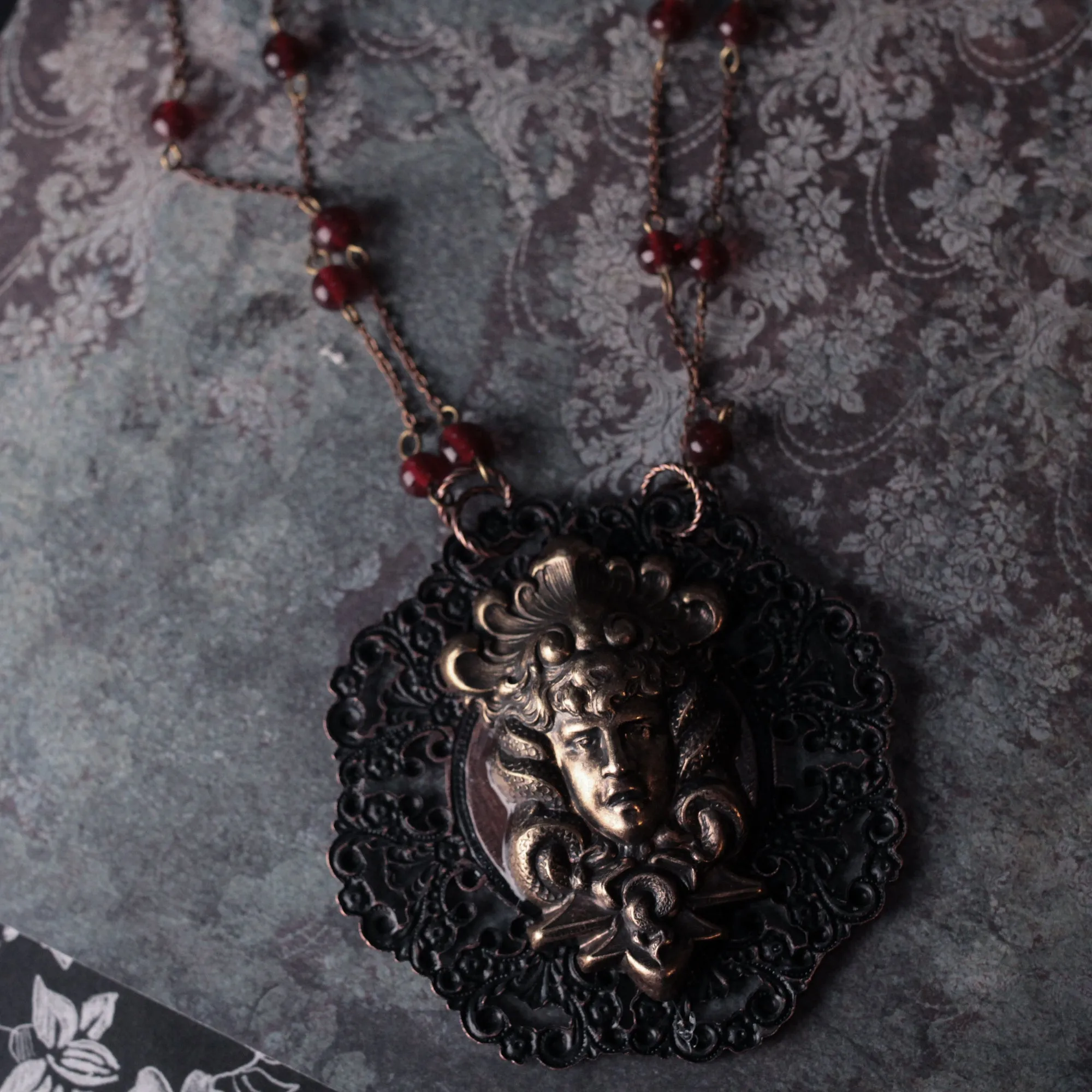 Huge Medusa And Antique Red Glass Statement Amulet Necklace