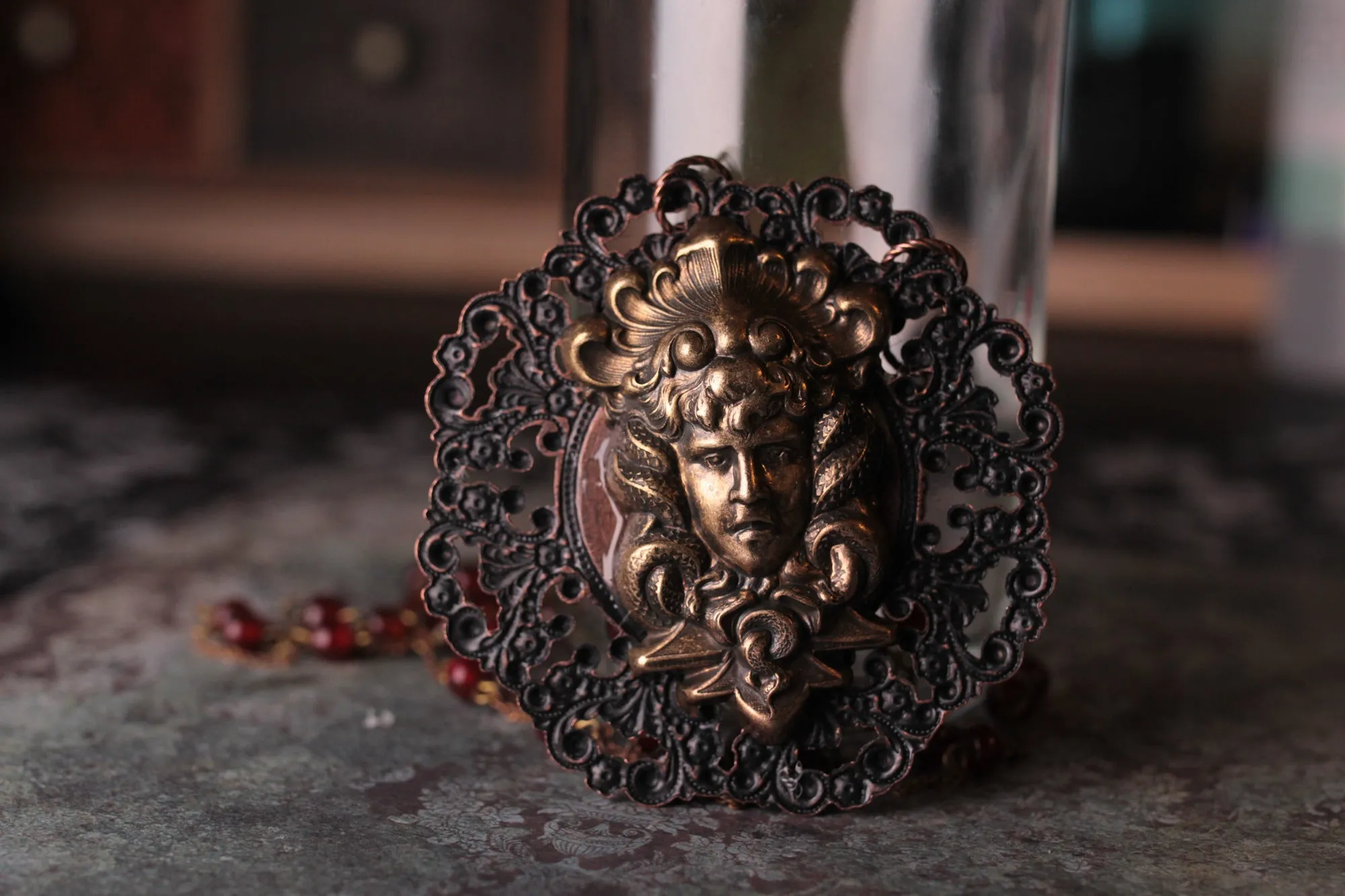 Huge Medusa And Antique Red Glass Statement Amulet Necklace