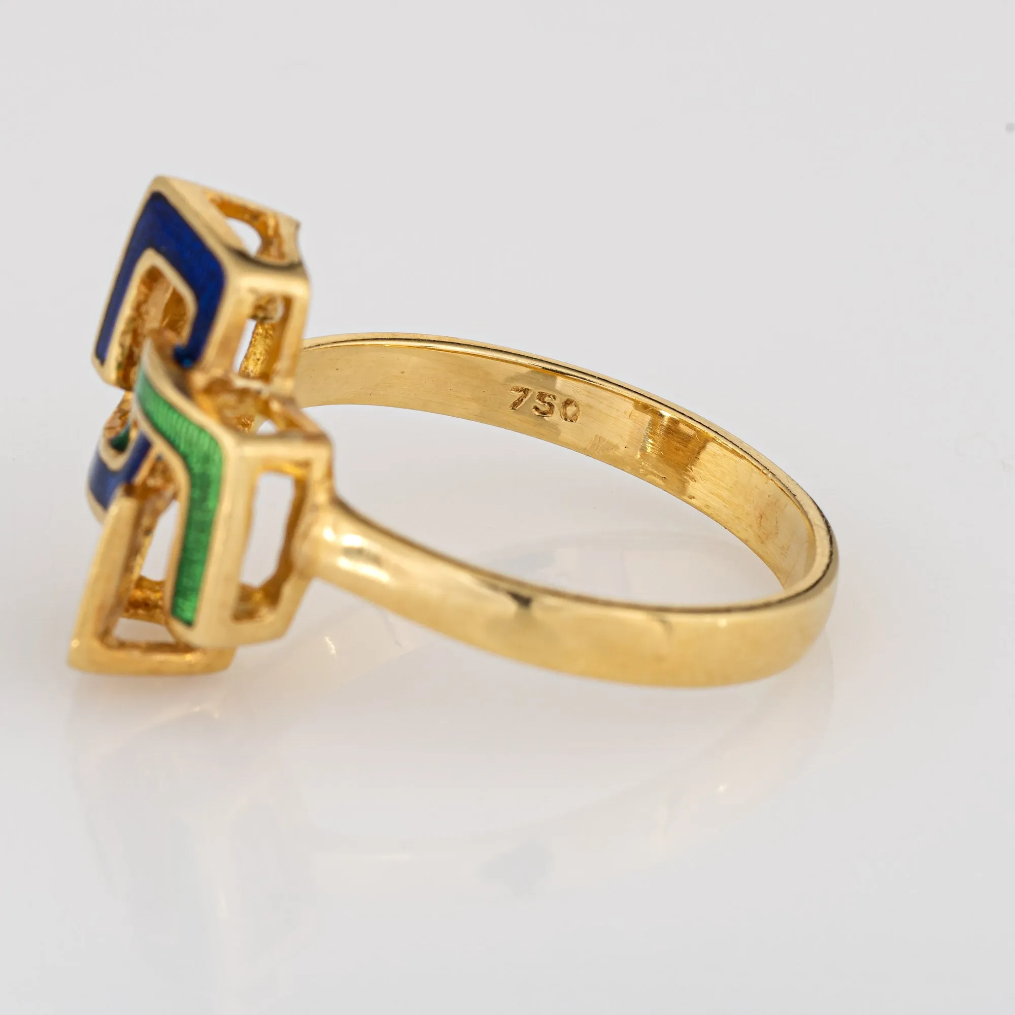 Interlocking Square Infinity Ring 6 Vintage Green Blue Enamel 18k Yellow Gold