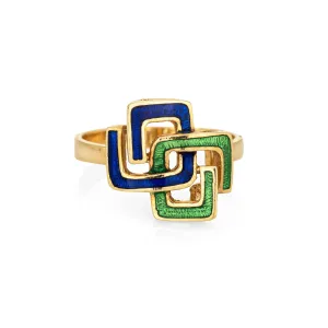 Interlocking Square Infinity Ring 6 Vintage Green Blue Enamel 18k Yellow Gold