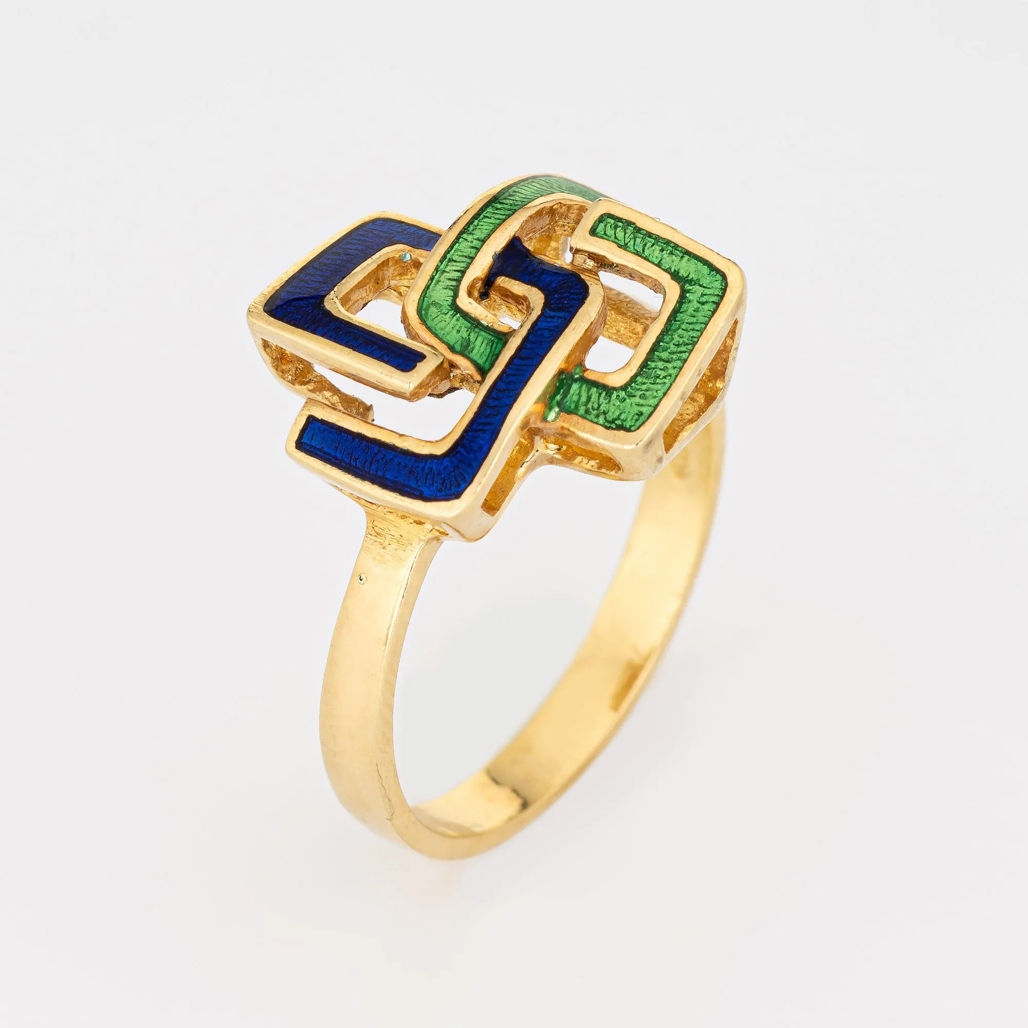 Interlocking Square Infinity Ring 6 Vintage Green Blue Enamel 18k Yellow Gold