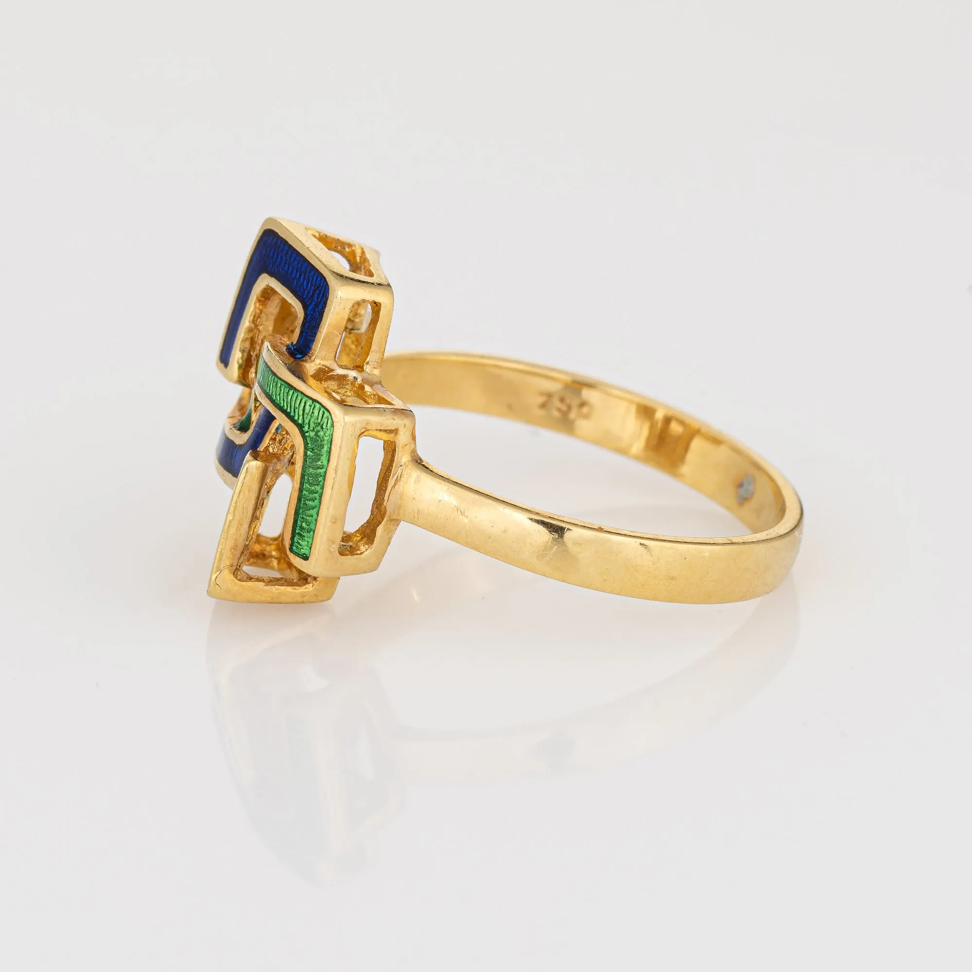 Interlocking Square Infinity Ring 6 Vintage Green Blue Enamel 18k Yellow Gold