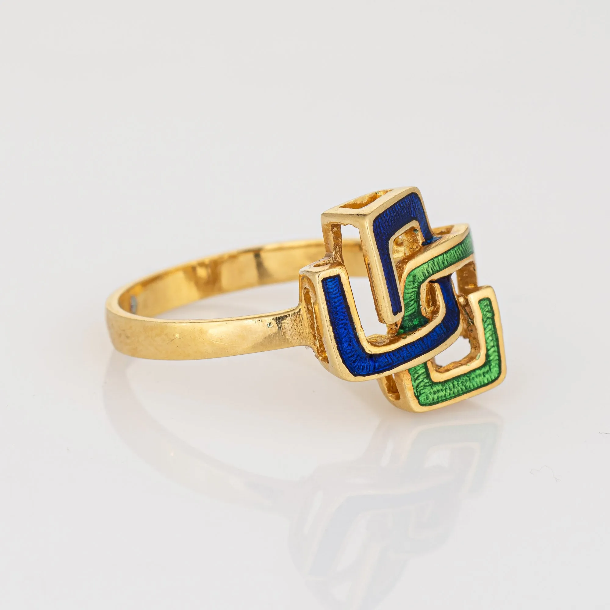 Interlocking Square Infinity Ring 6 Vintage Green Blue Enamel 18k Yellow Gold