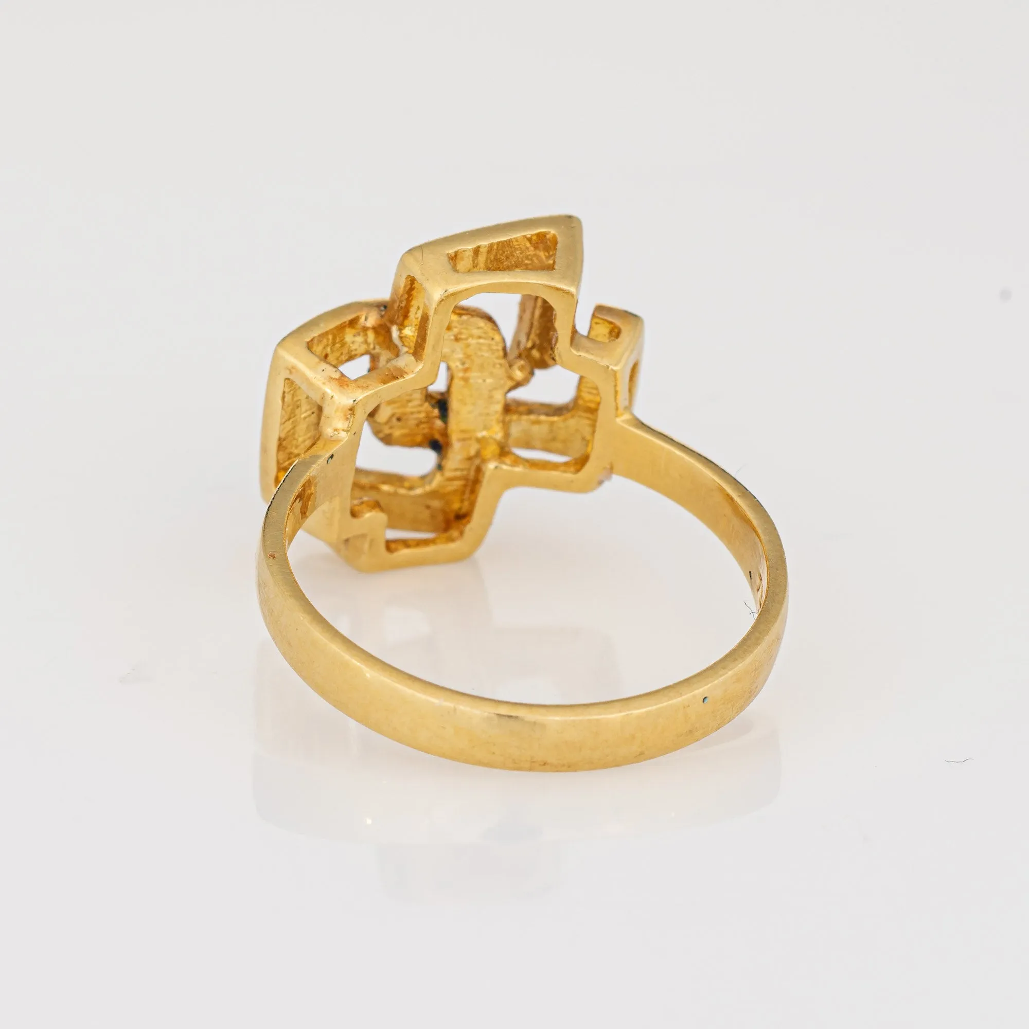 Interlocking Square Infinity Ring 6 Vintage Green Blue Enamel 18k Yellow Gold