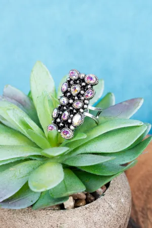 Iridescent Crystal Silvertone Cuff Ring