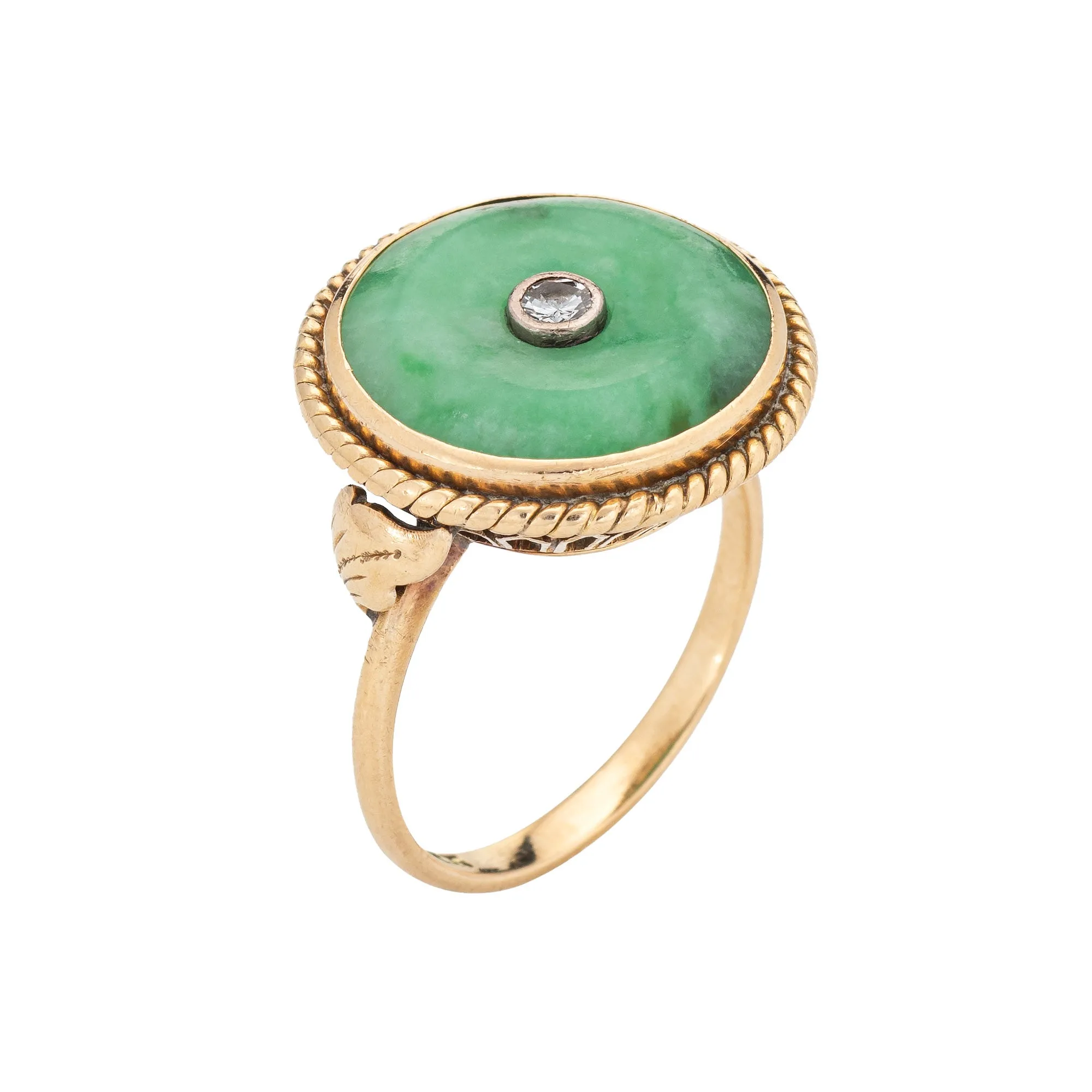 Jade Diamond Ring Vintage 14k Yellow Gold Round Cocktail Jewelry Estate Sz 5