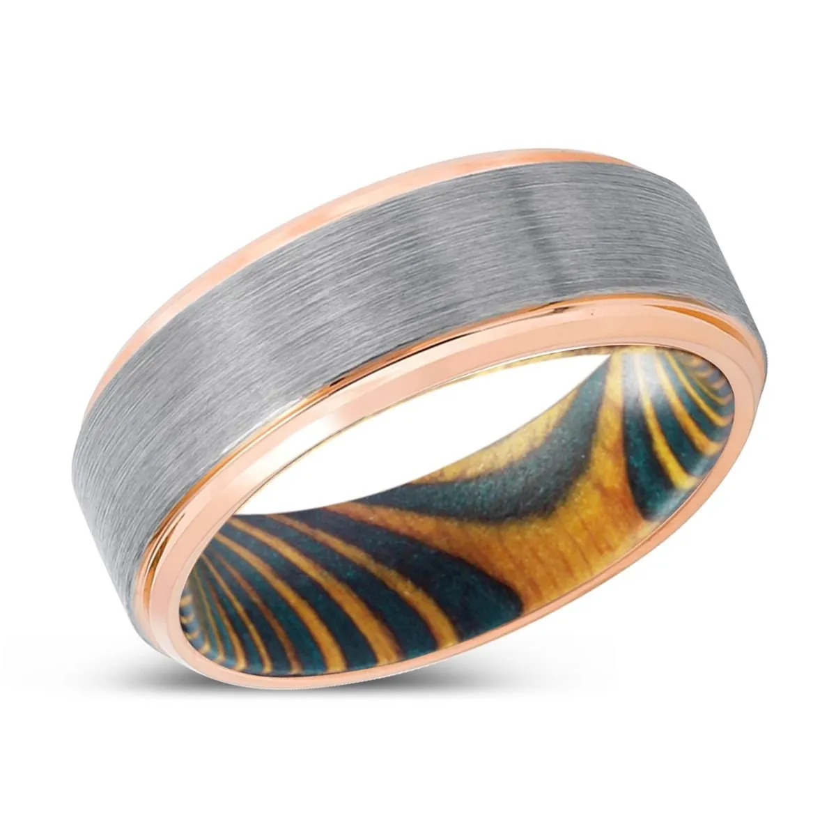 JAVELIN | Green & Yellow Wood, Silver Tungsten Ring, Brushed, Rose Gold Stepped Edge