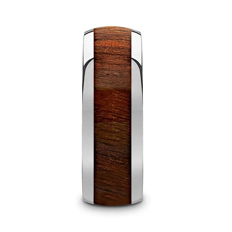 JUGLAN | Silver Tungsten Ring, Black Walnut Wood Inlay, Domed