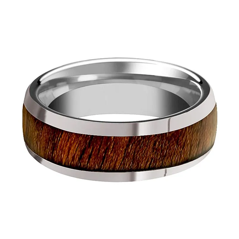 JUGLAN | Silver Tungsten Ring, Black Walnut Wood Inlay, Domed