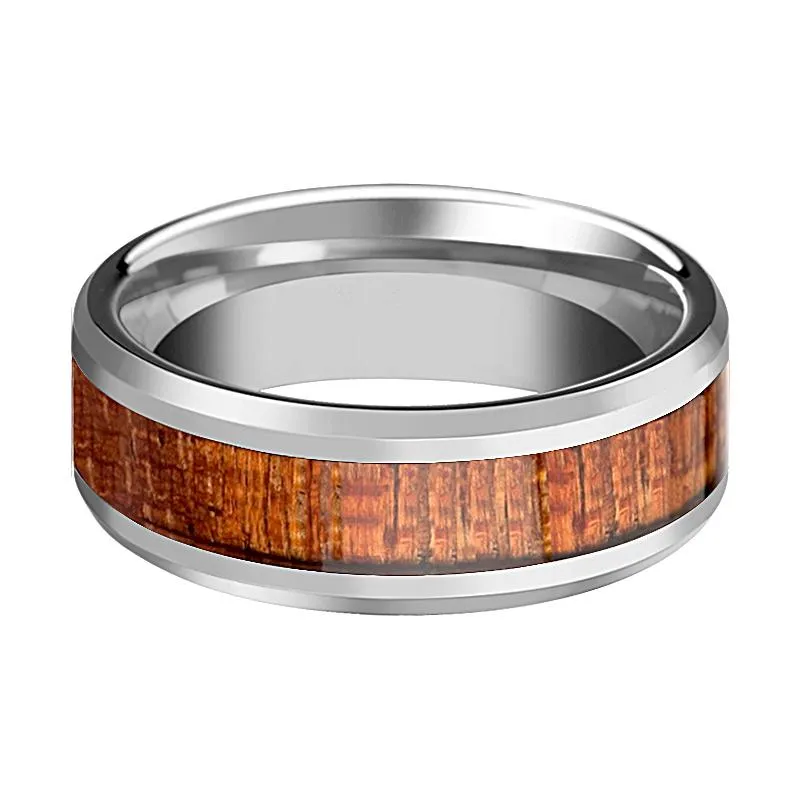 KHAYA | Silver Tungsten Ring, Mahogany Hard Wood Inlay, Beveled