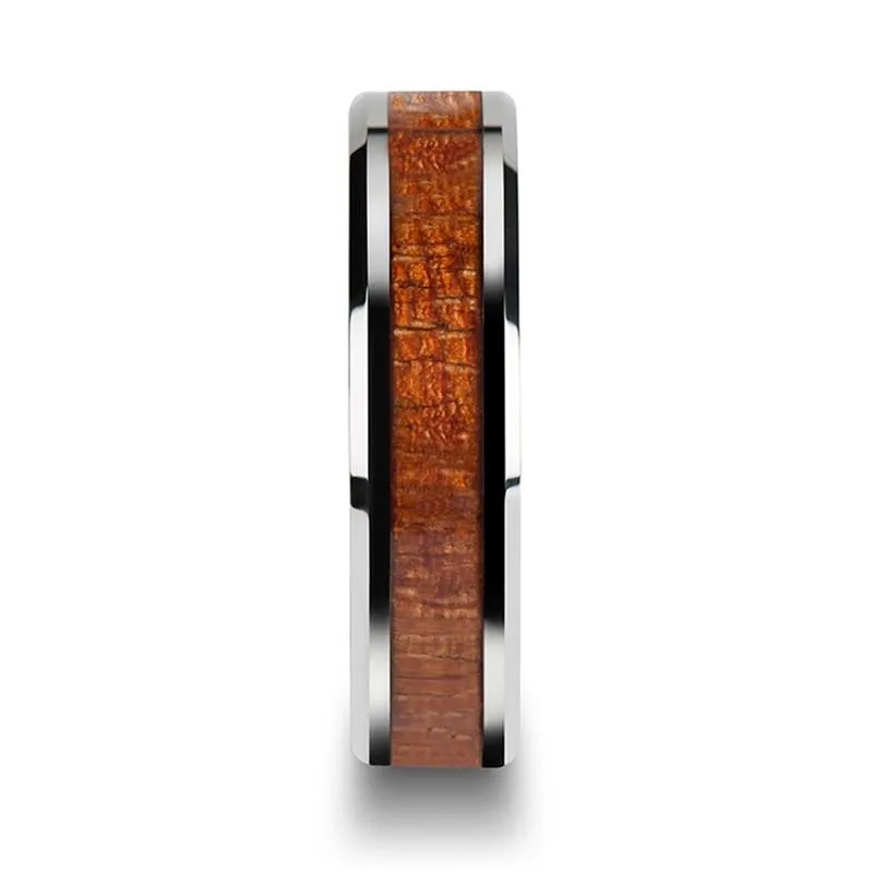 KHAYA | Silver Tungsten Ring, Mahogany Hard Wood Inlay, Beveled