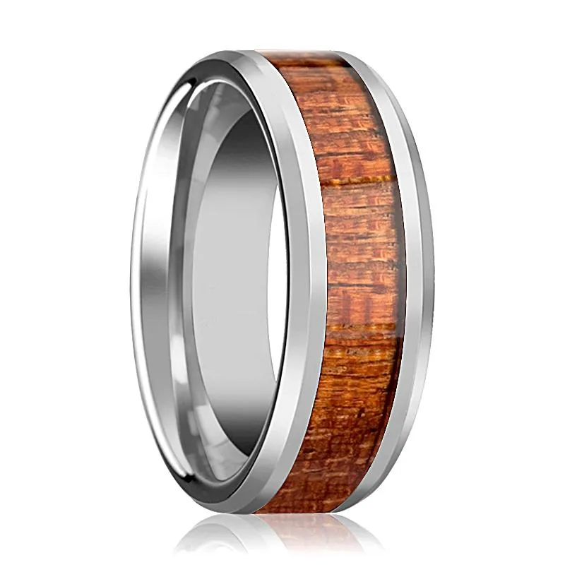 KHAYA | Silver Tungsten Ring, Mahogany Hard Wood Inlay, Beveled