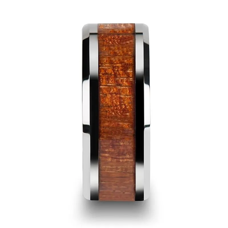 KHAYA | Silver Tungsten Ring, Mahogany Hard Wood Inlay, Beveled