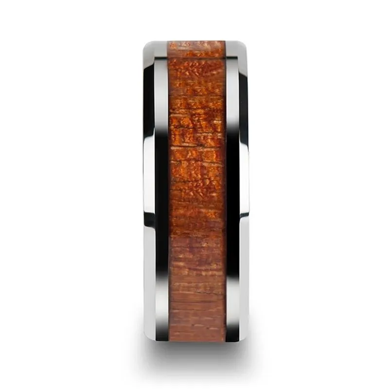 KHAYA | Silver Tungsten Ring, Mahogany Hard Wood Inlay, Beveled