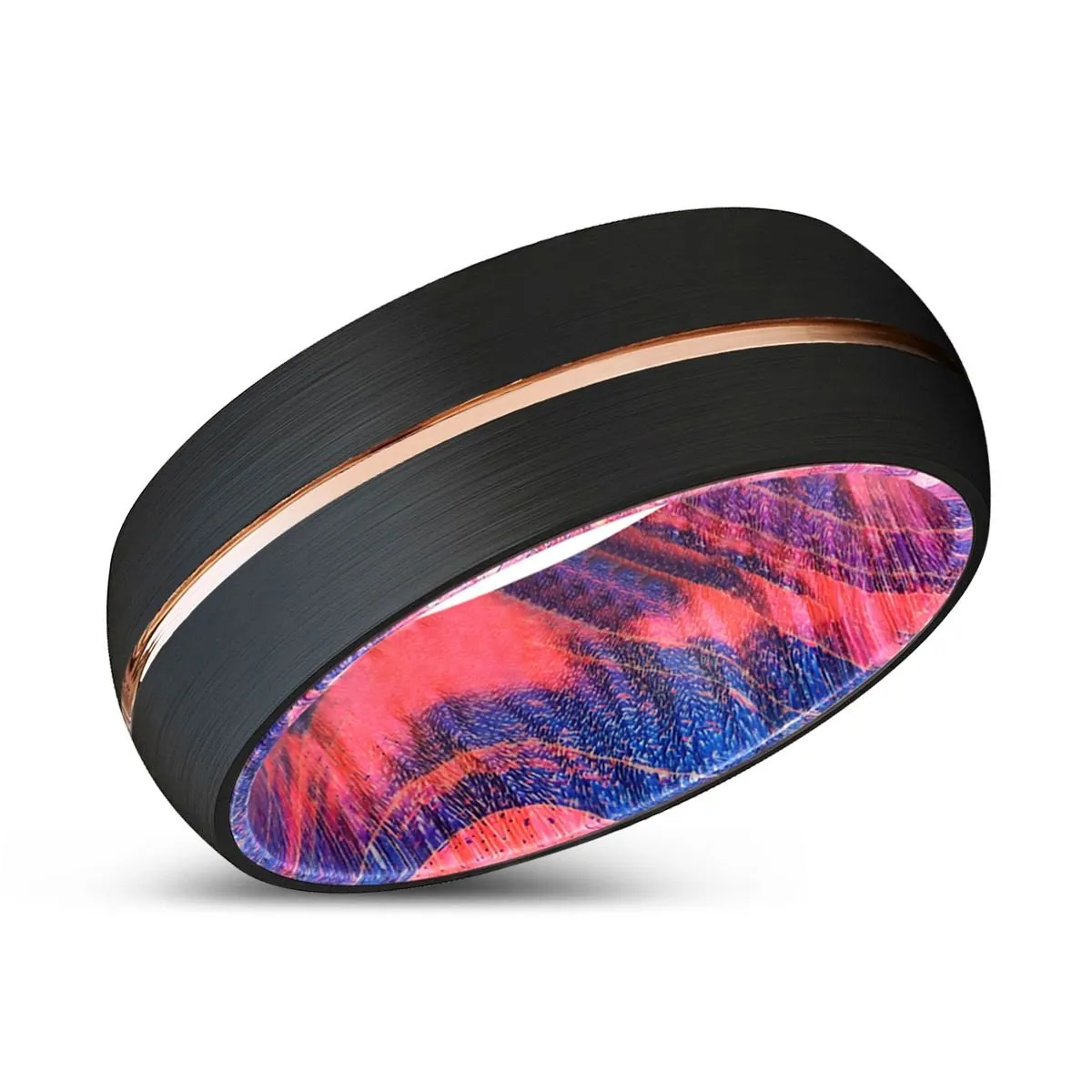 KODITE | Blue & Red Wood, Black Tungsten Ring, Rose Gold Groove, Domed