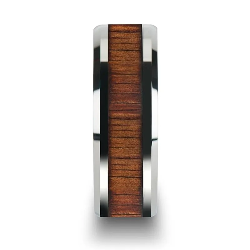 KONA | Silver Tungsten Ring, Koa Wood Inlay, Beveled