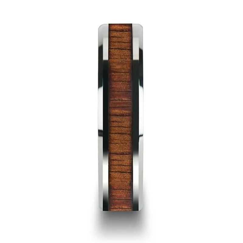 KONA | Silver Tungsten Ring, Koa Wood Inlay, Beveled