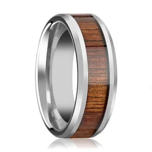 KONA | Silver Tungsten Ring, Koa Wood Inlay, Beveled