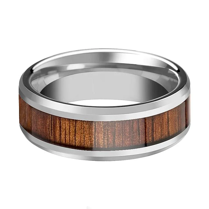 KONA | Silver Tungsten Ring, Koa Wood Inlay, Beveled