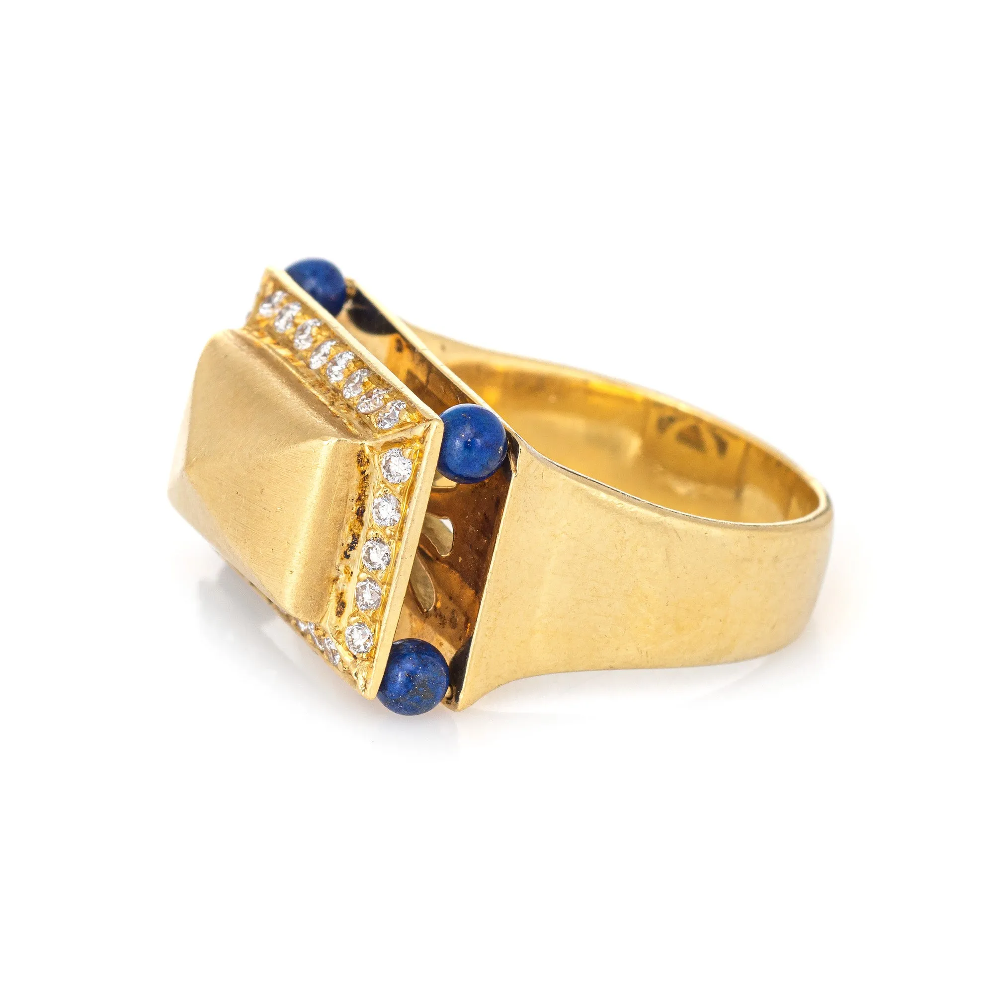 Lapis Lazuli Diamond Temple Ring Vintage 18k Yellow Gold Square Mount Jewelry