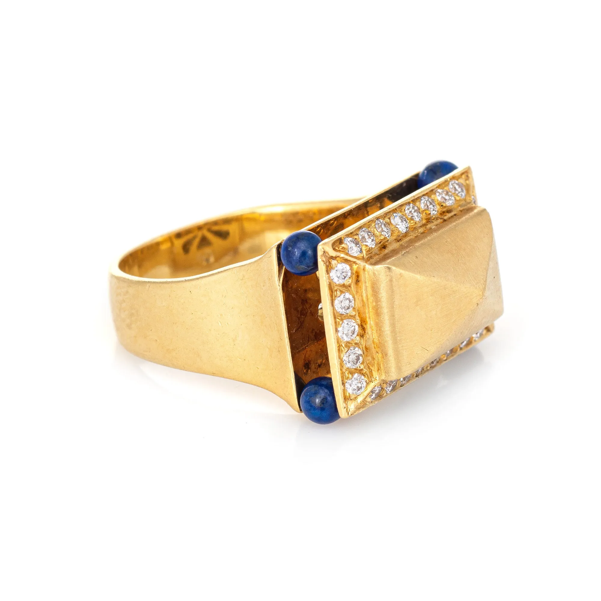 Lapis Lazuli Diamond Temple Ring Vintage 18k Yellow Gold Square Mount Jewelry