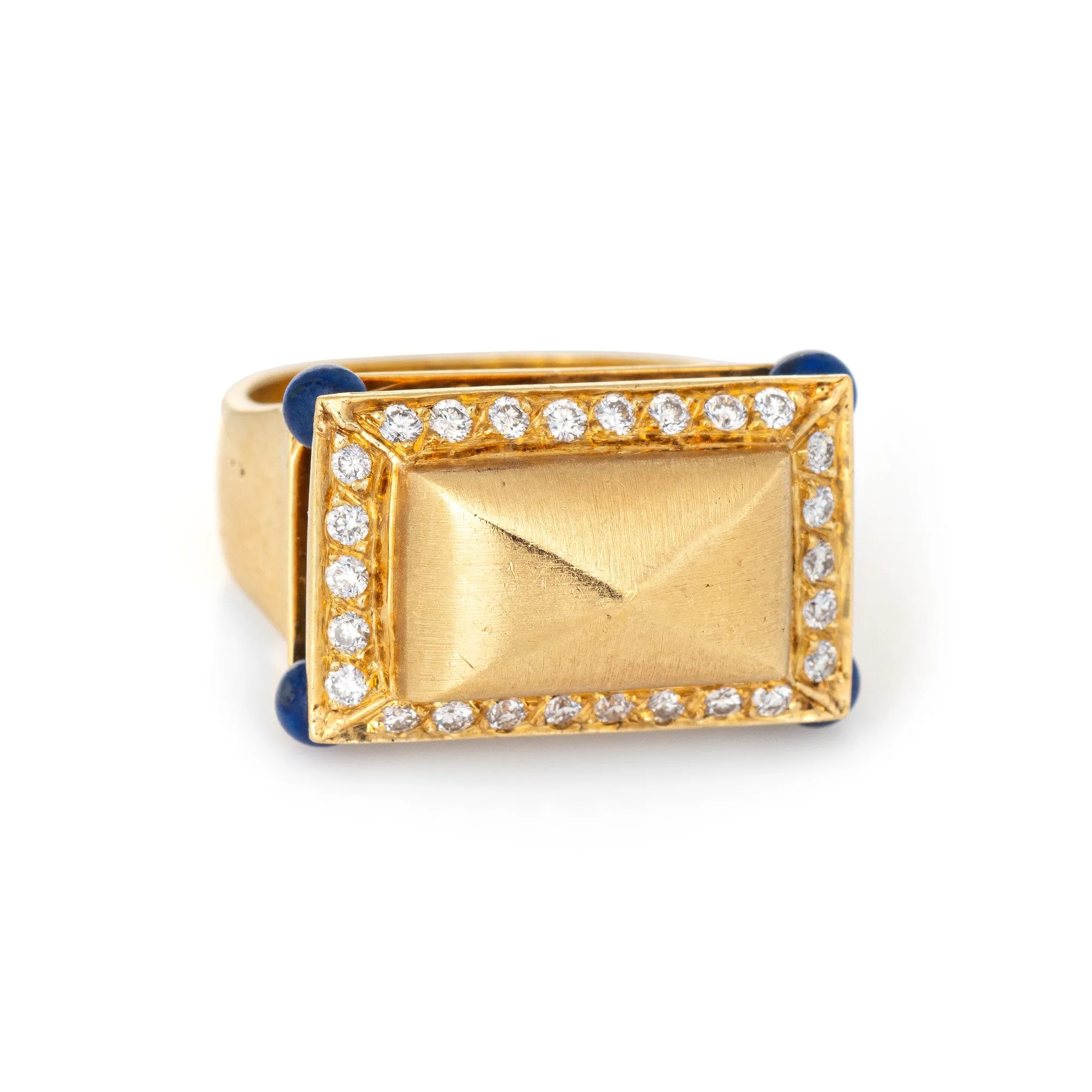 Lapis Lazuli Diamond Temple Ring Vintage 18k Yellow Gold Square Mount Jewelry