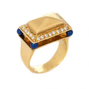 Lapis Lazuli Diamond Temple Ring Vintage 18k Yellow Gold Square Mount Jewelry