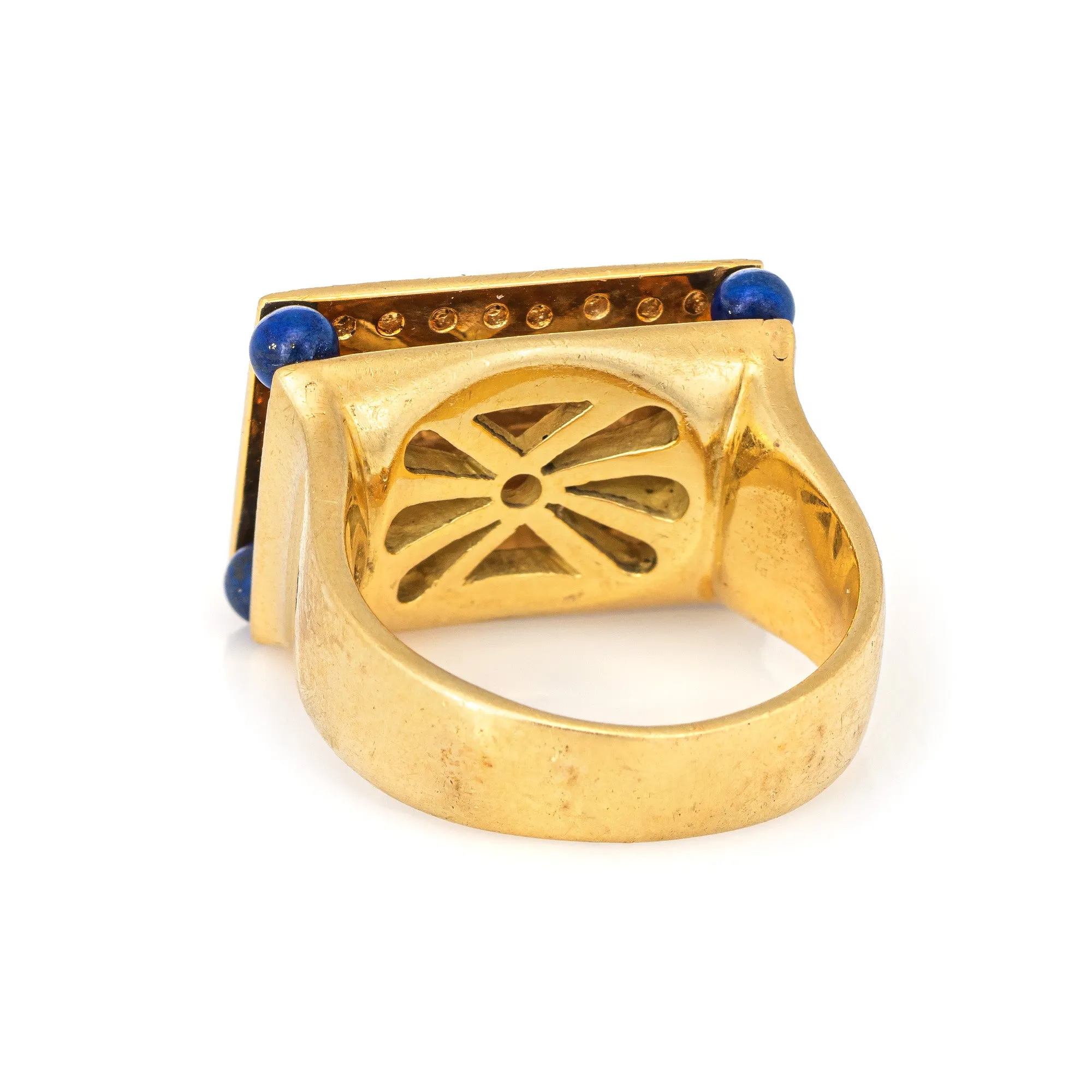 Lapis Lazuli Diamond Temple Ring Vintage 18k Yellow Gold Square Mount Jewelry