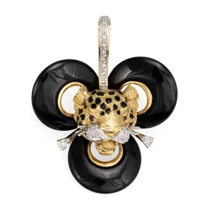 Large Leopard Pendant Vintage 18k Yellow Gold Diamond Ruby Eyes Onyx Animal