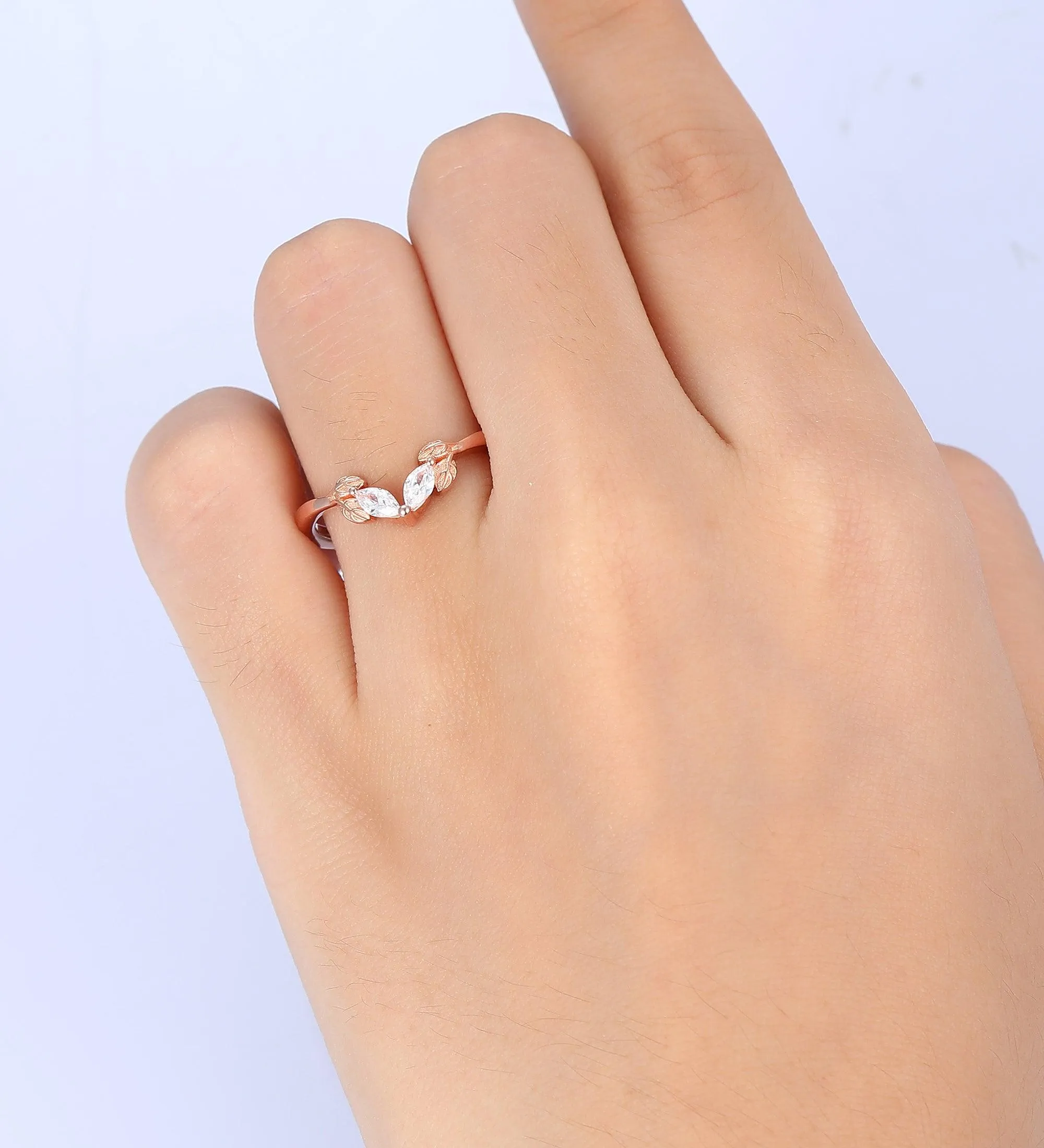 Leaf Stacking Matching Unique Moissanite Curved Wedding Band 14k Gold Promise Ring