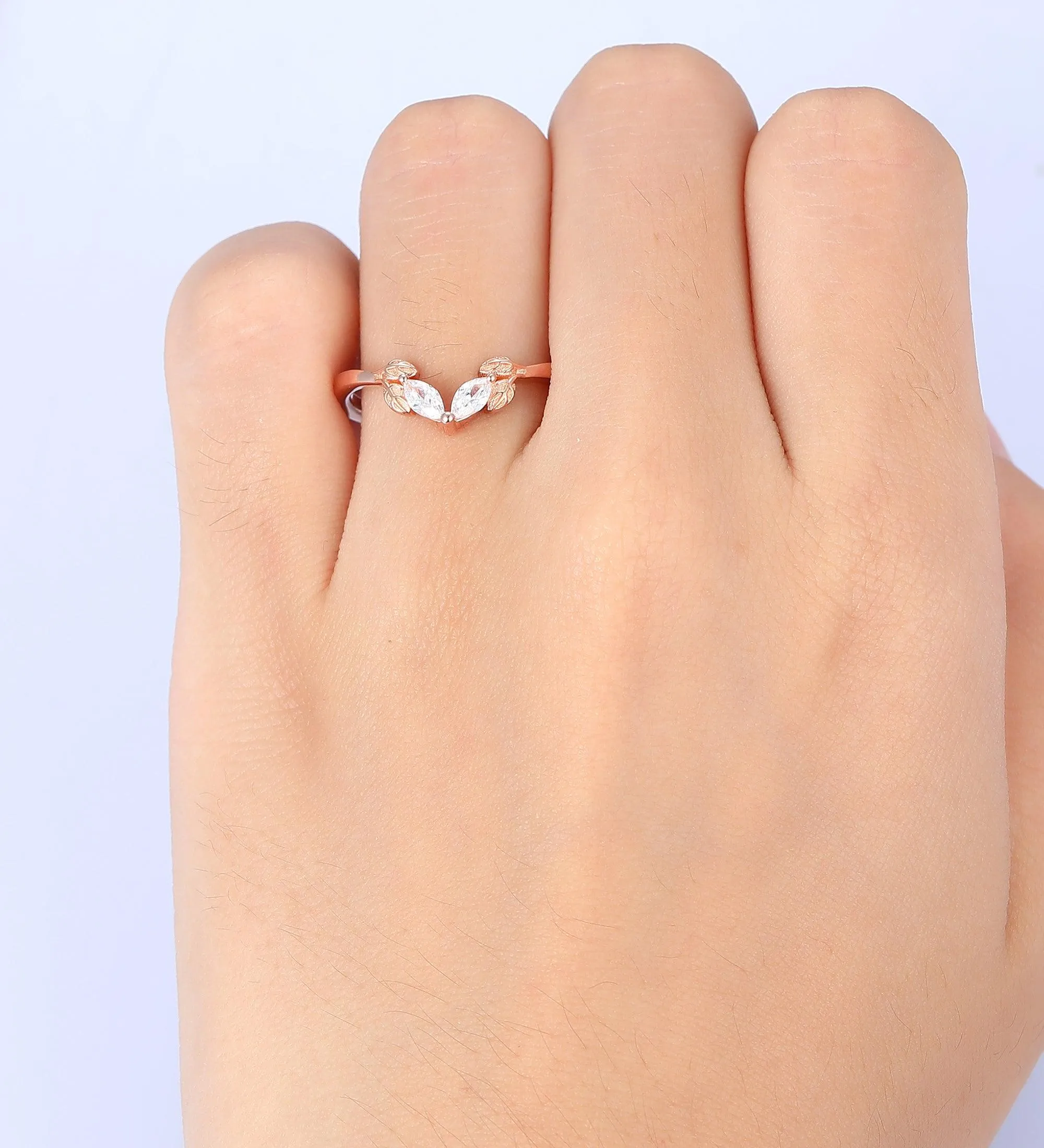 Leaf Stacking Matching Unique Moissanite Curved Wedding Band 14k Gold Promise Ring