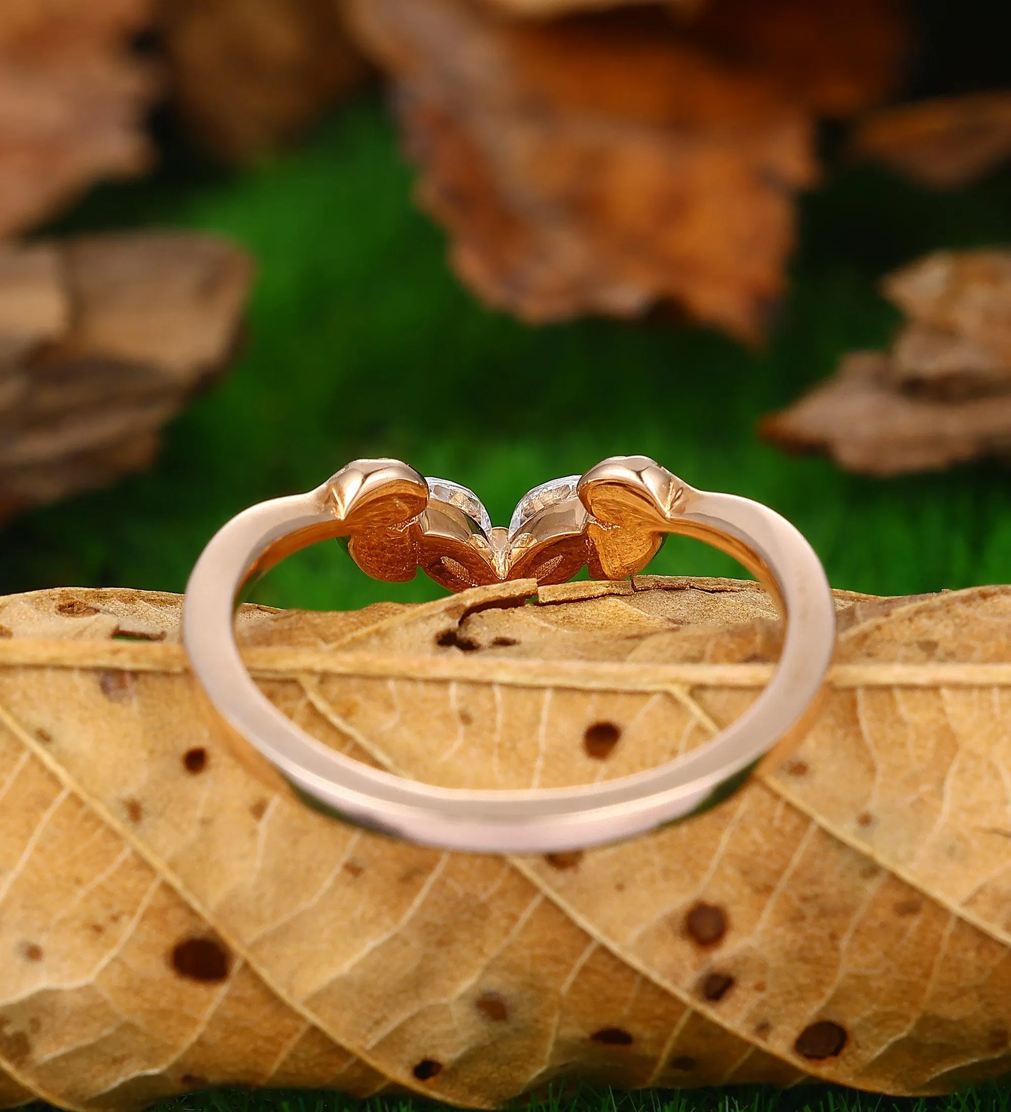 Leaf Stacking Matching Unique Moissanite Curved Wedding Band 14k Gold Promise Ring