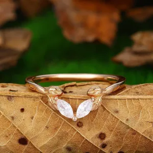 Leaf Stacking Matching Unique Moissanite Curved Wedding Band 14k Gold Promise Ring