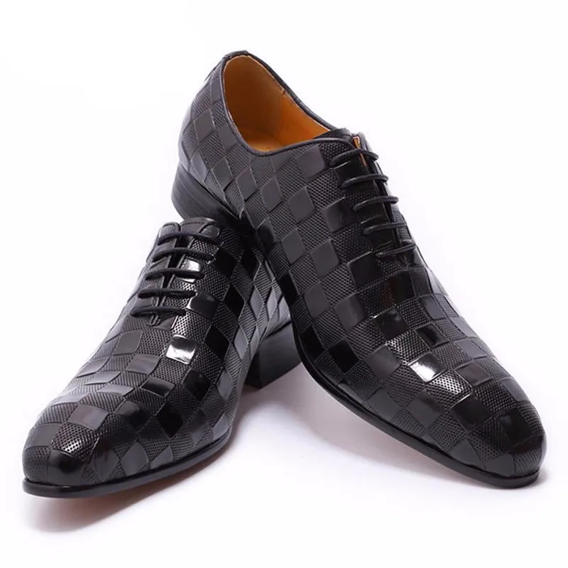 LEATHER SHOES MEN NEW FASHION PLAID PRINTS LACE UP BLACK BROWN WEDDING OFFICE SHOES