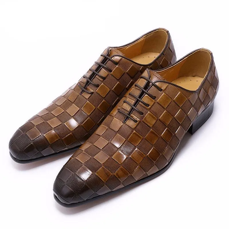 LEATHER SHOES MEN NEW FASHION PLAID PRINTS LACE UP BLACK BROWN WEDDING OFFICE SHOES