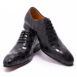 LEATHER SHOES MEN NEW FASHION PLAID PRINTS LACE UP BLACK BROWN WEDDING OFFICE SHOES