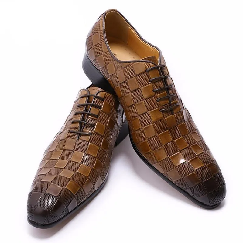 LEATHER SHOES MEN NEW FASHION PLAID PRINTS LACE UP BLACK BROWN WEDDING OFFICE SHOES