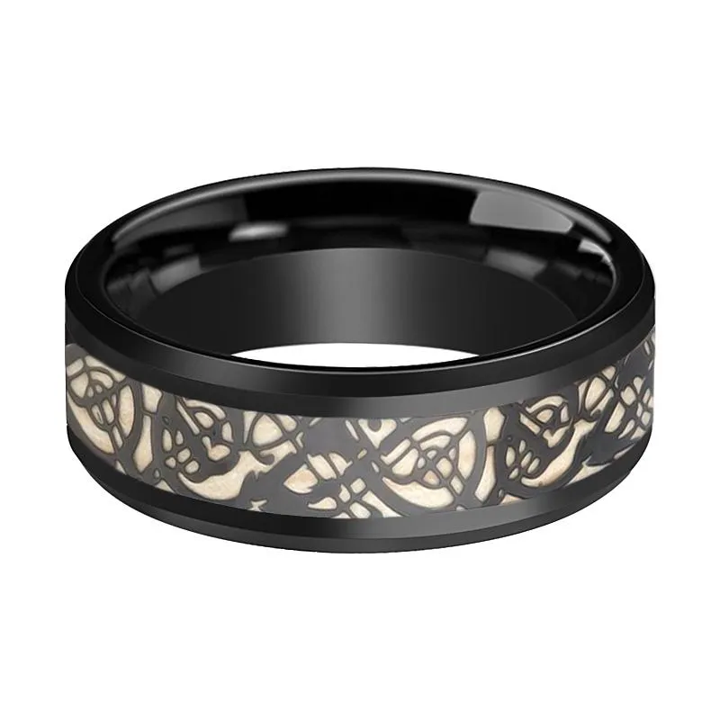 LEON | Black Tungsten Ring, Celtic Design Cutout Inlay, Beveled