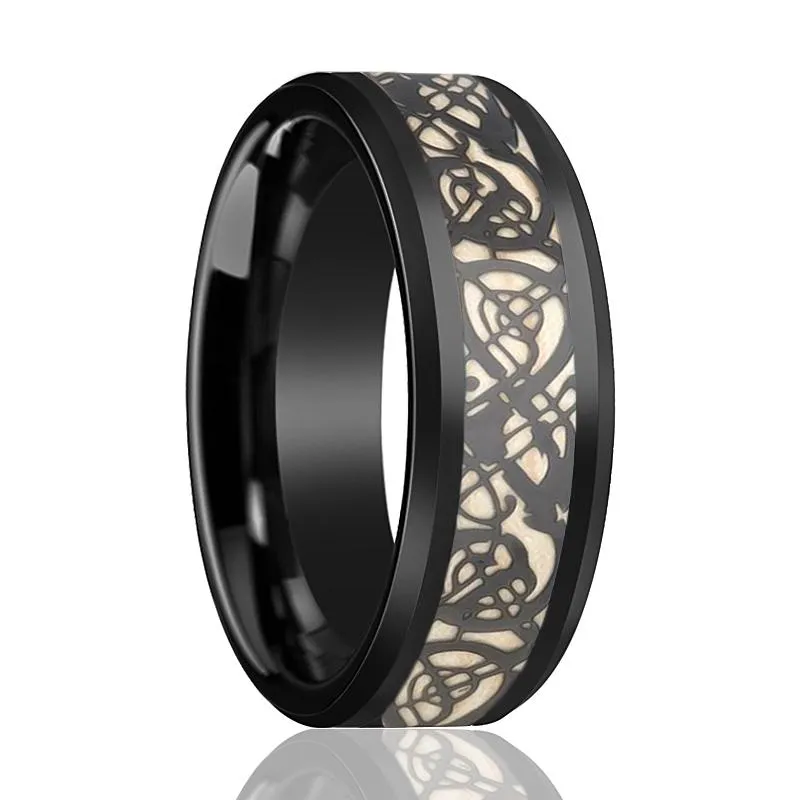 LEON | Black Tungsten Ring, Celtic Design Cutout Inlay, Beveled