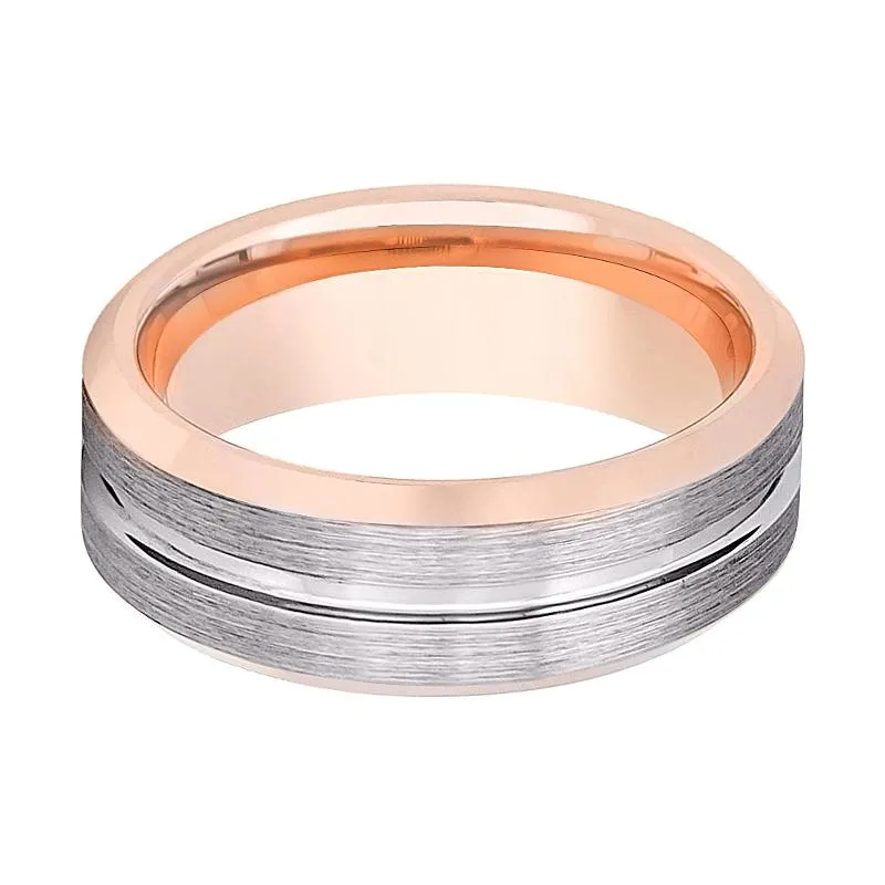 LEONINE | Rose Gold Tungsten Ring, Brushed, Grooved, Beveled Edge