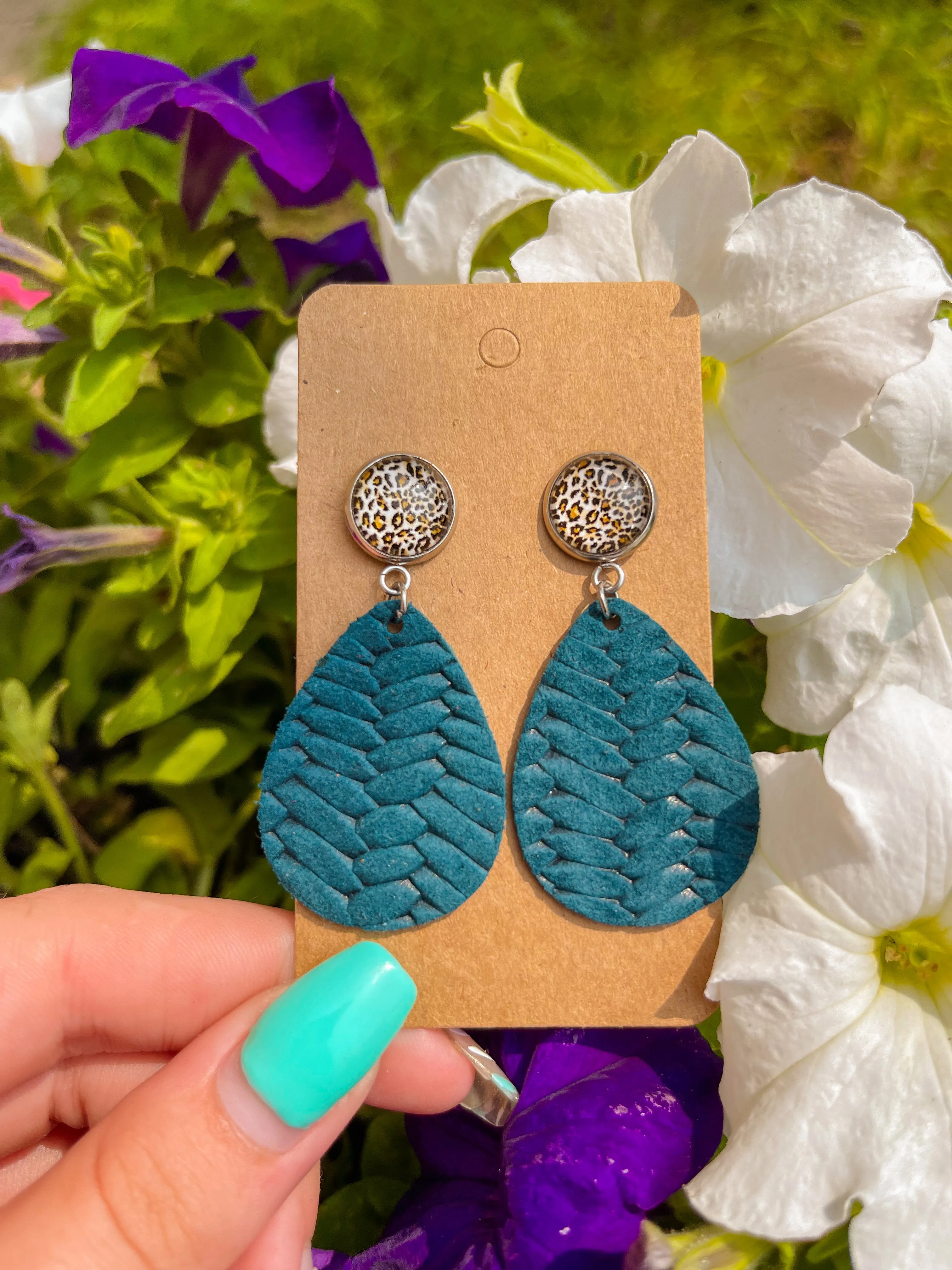 Leopard Stud   Braided Teardrop Earrings || Dark Teal