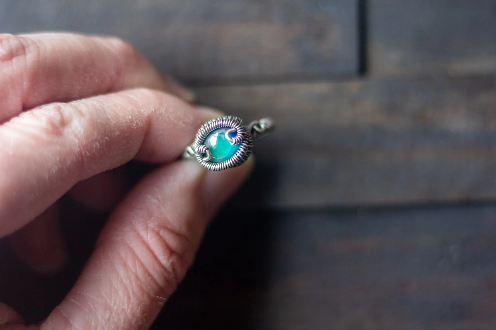 Light Blue-Green Fused Glass and Sterling Silver Wire Wrapped Ring