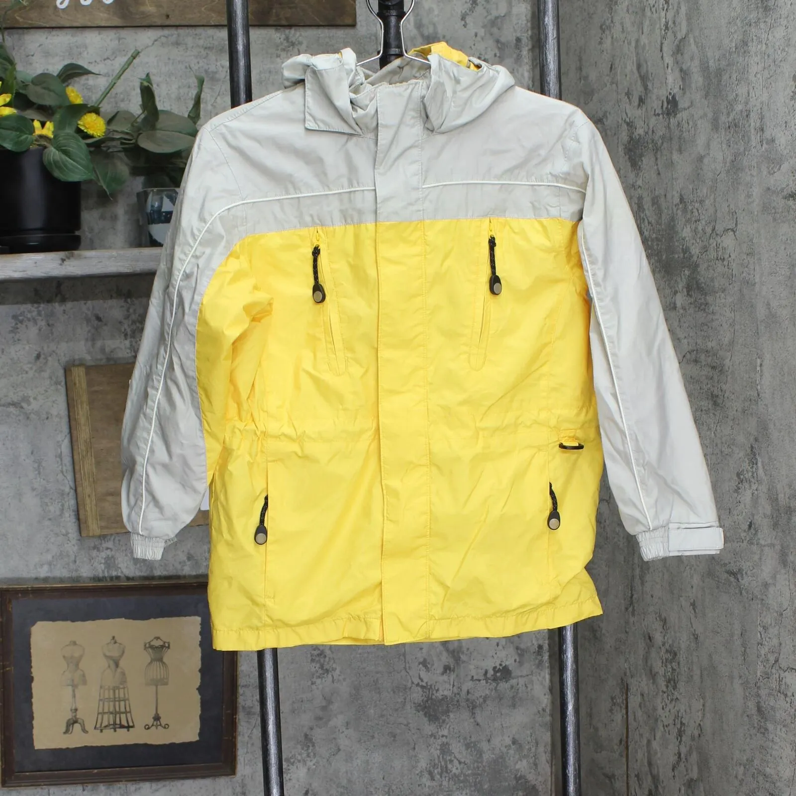 LL Bean Kids Boys Double Zip Up Lined Rain Jacket Yellow / Gray M (10/12)