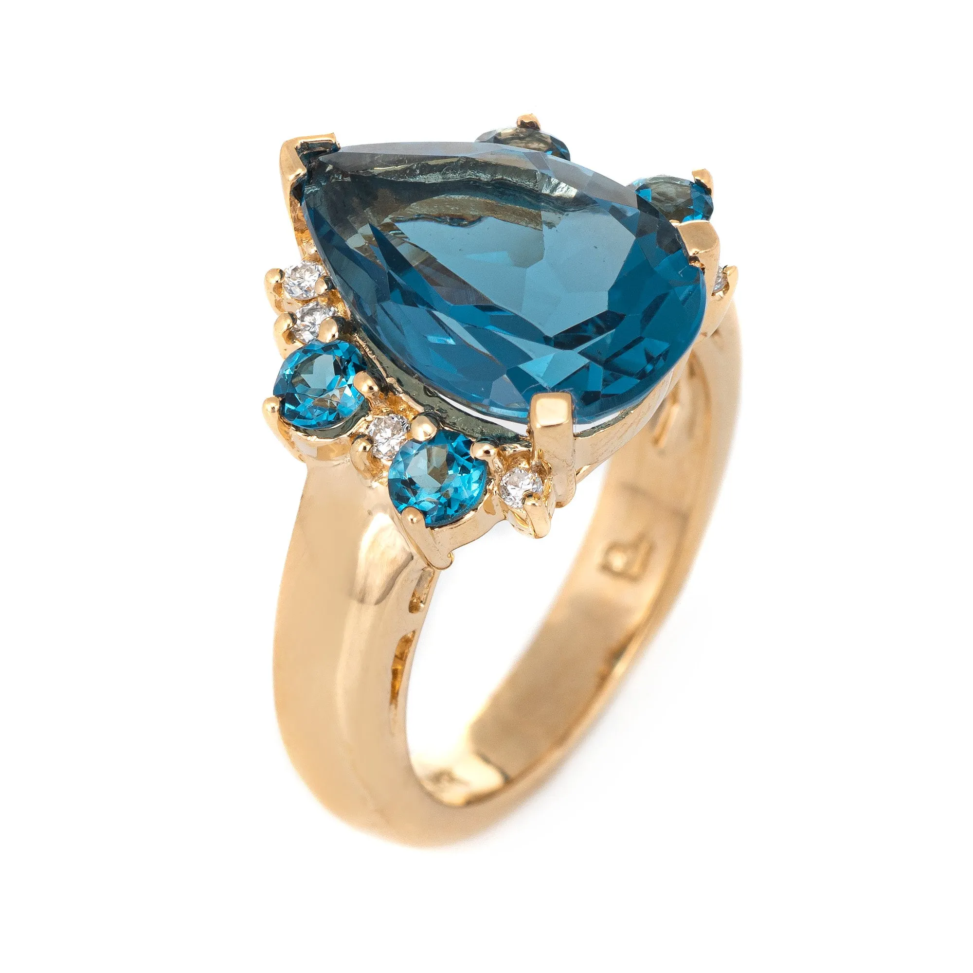 London Blue Topaz Diamond Ring Vintage 14k Yellow Gold Pear Cut Estate Jewelry